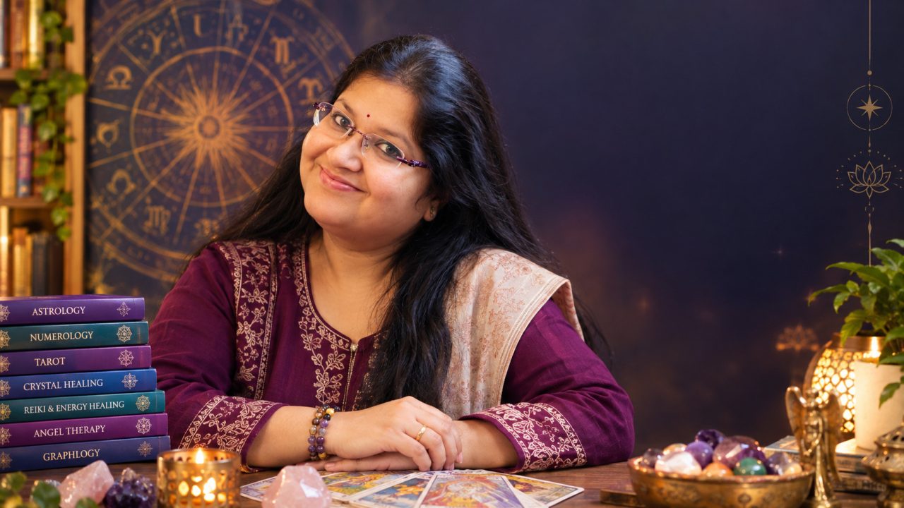 Pallavi at her desk with her books, crystals and tarot cards
